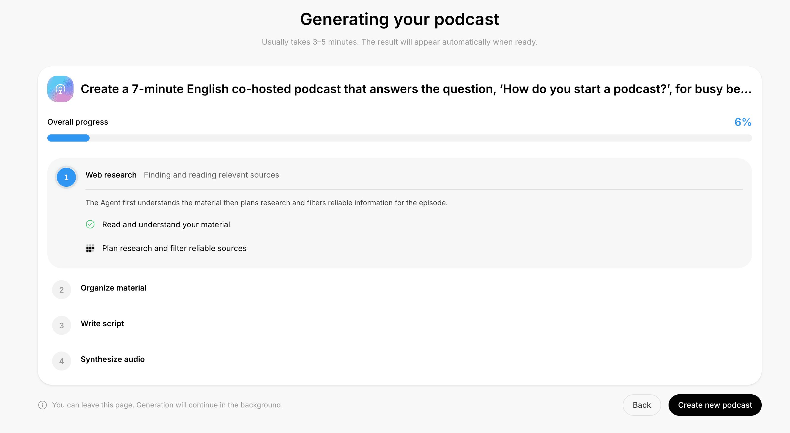 Wait while AhaNow generates in the AhaNow podcast workspace